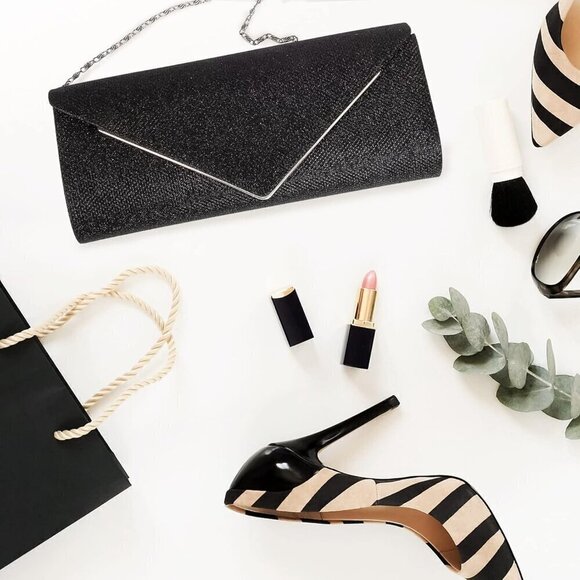 Women Black Larcenciel Sparkel Envelope Clutch Detachable Chain with Evening bag - Picture 6 of 7